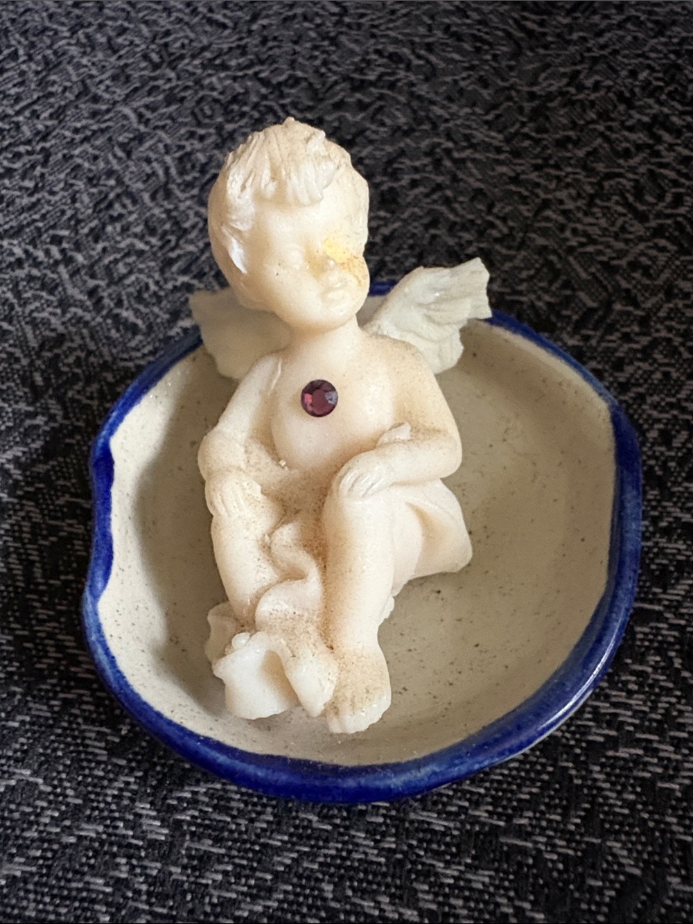 Decorative Cream Angel Figurine with Blue Dish